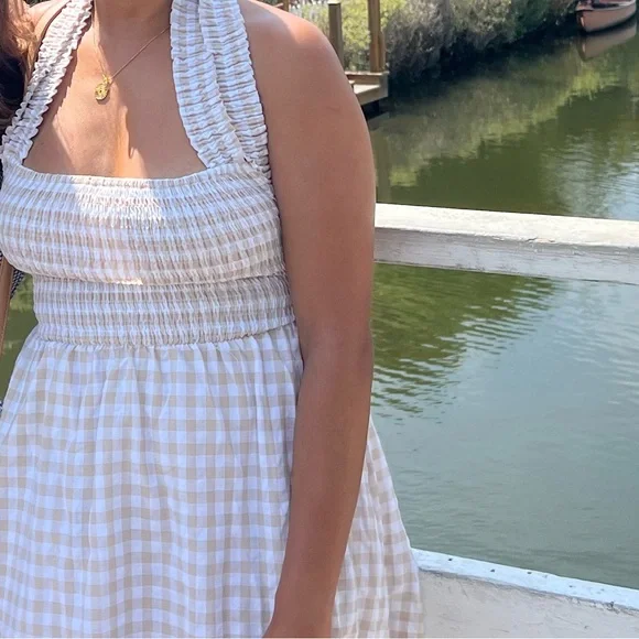 Petal & Pup Beige and White Gingham Smocked Sundress - Picture 3 of 5